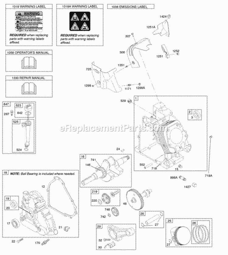 Camshaft Crankcase Cover Crankshaft Cylinder Lubrication OperatorS Manual PistonRingsConnecting Rod Warning Label Diagram and Parts List for 20P414-0021-E1  Briggs and Stratton Engine